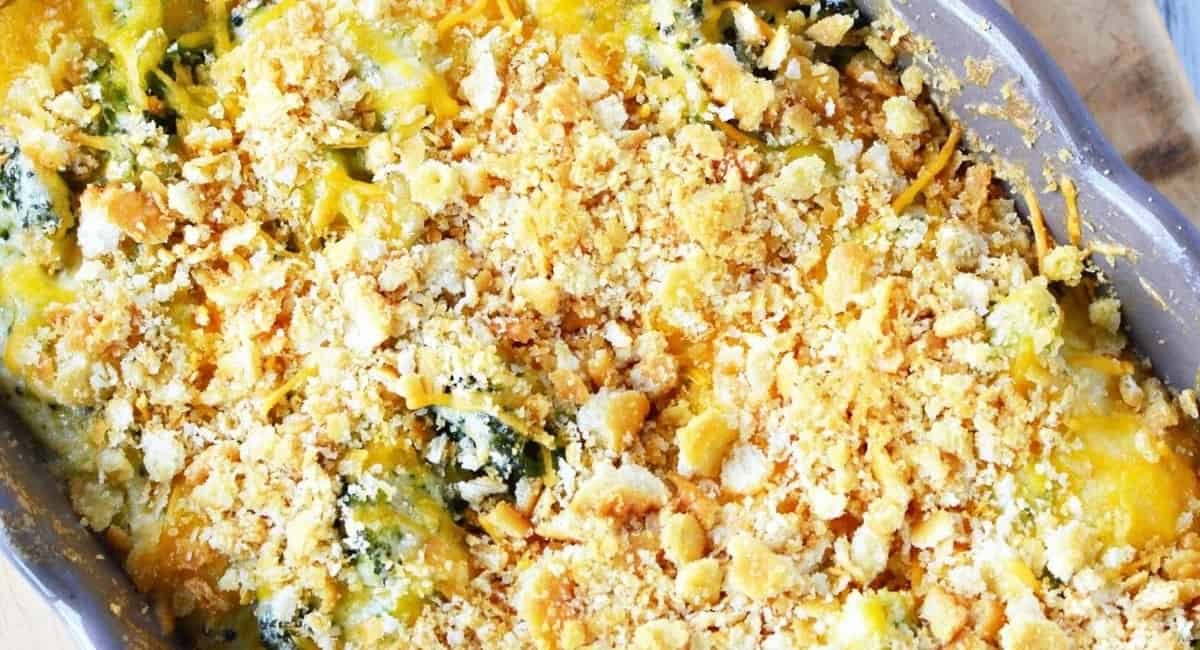 Overhead image of broccoli cheese casserole.