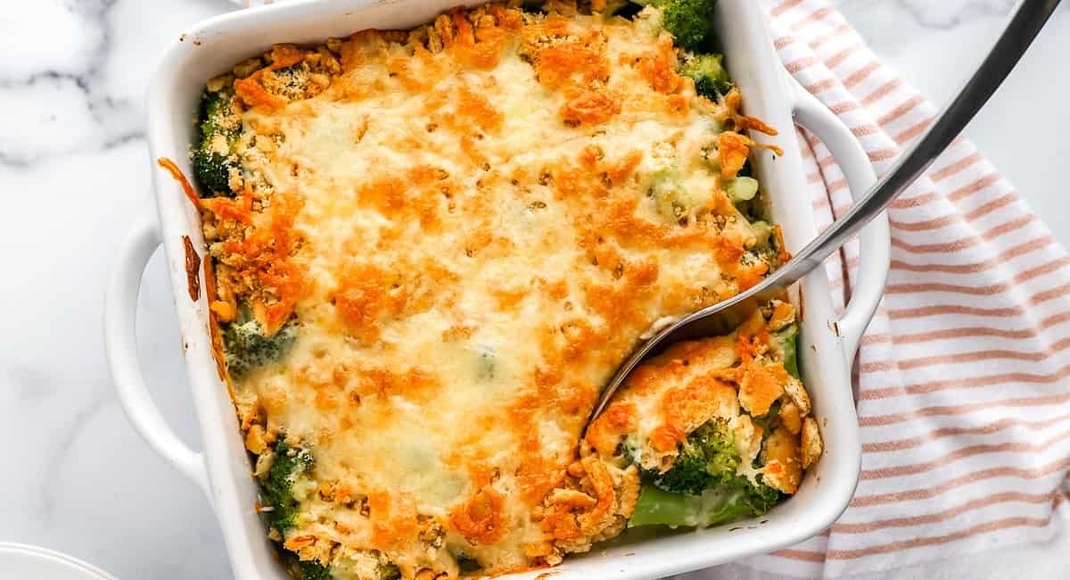 Overhead image of broccoli casserole with ritz crackers.