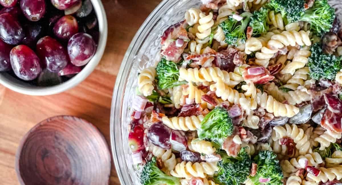 Overhead image of broccoli pasta salad.