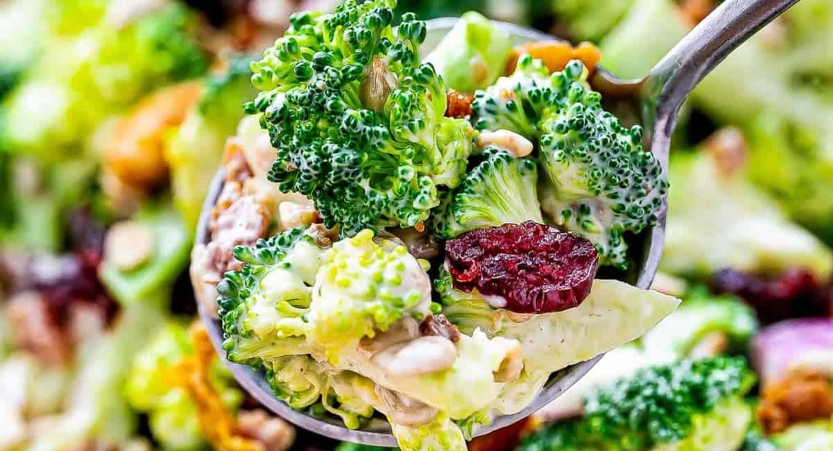 Up close image of broccoli bacon salad.