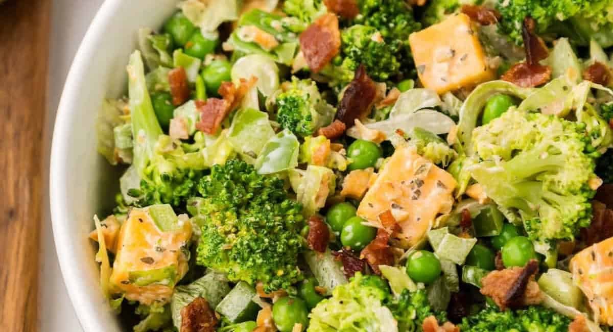Overhead image of broccoli bacon salad.