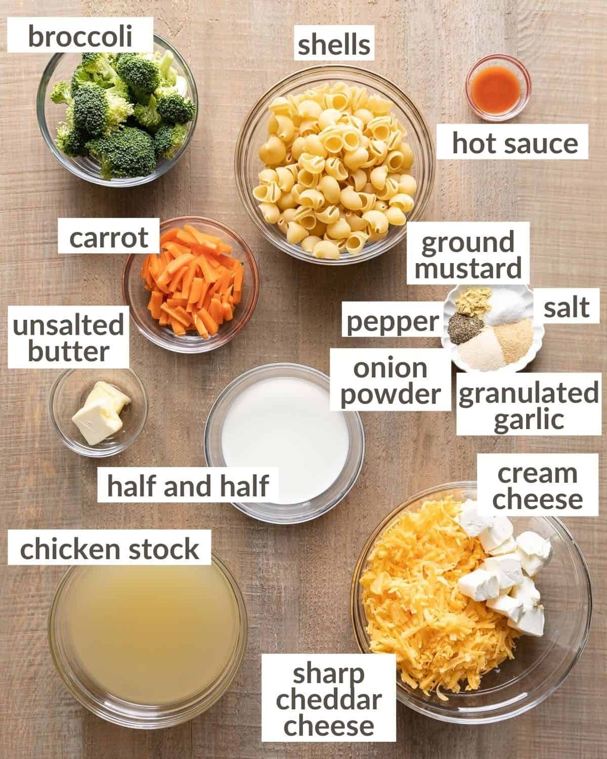 overhead of ingredients for instant pot panera copycat broccoli cheddar mac and cheese