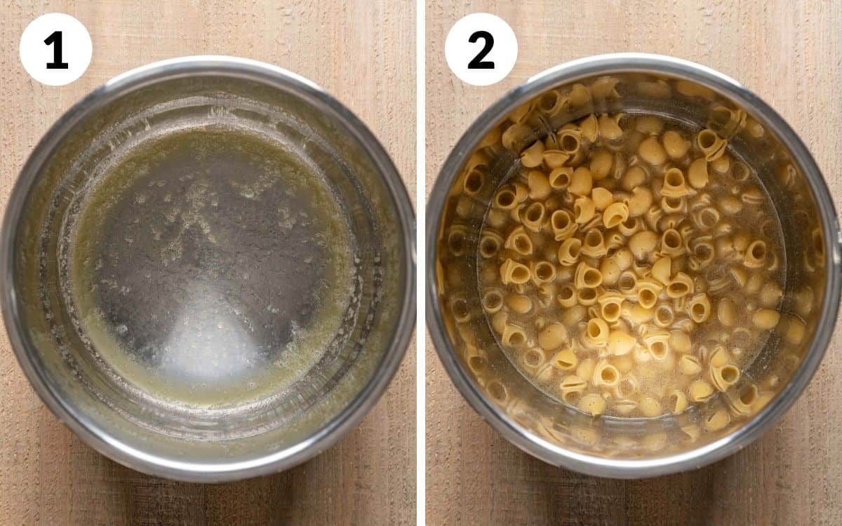 steps 1 & 2 melted butter in pot shells in broth in pot