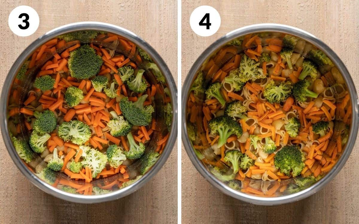 steps 3 & 4 veggies on top of pasta pasta and veggies pressure cooked