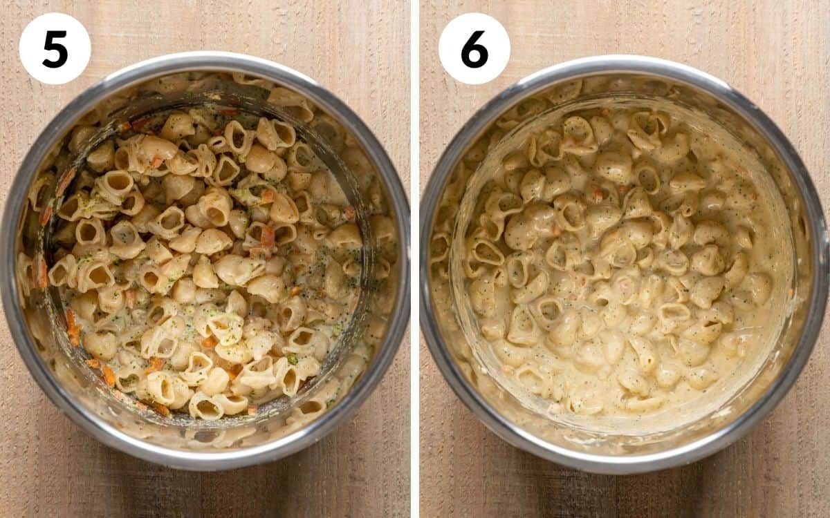 steps 5 & 6 cream cheese added to pasta finished panera broccoli cheddar mac and cheese in instant pot