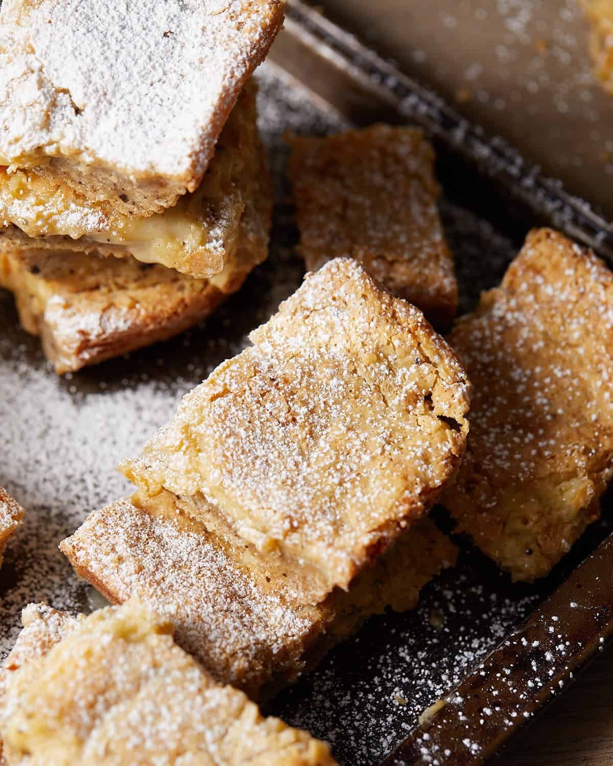 Up close image of brown butter chess squares made from scratch.
