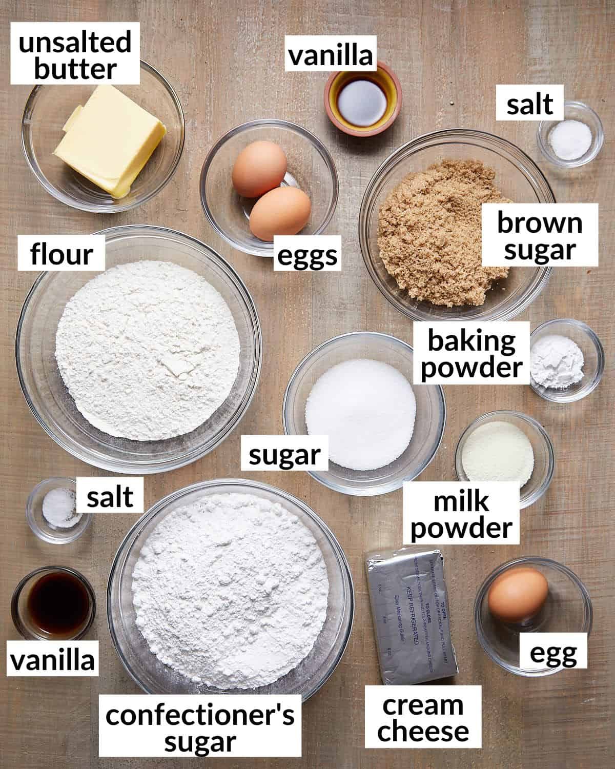 Image of ingredients needed to make brown butter chess squares from scratch.