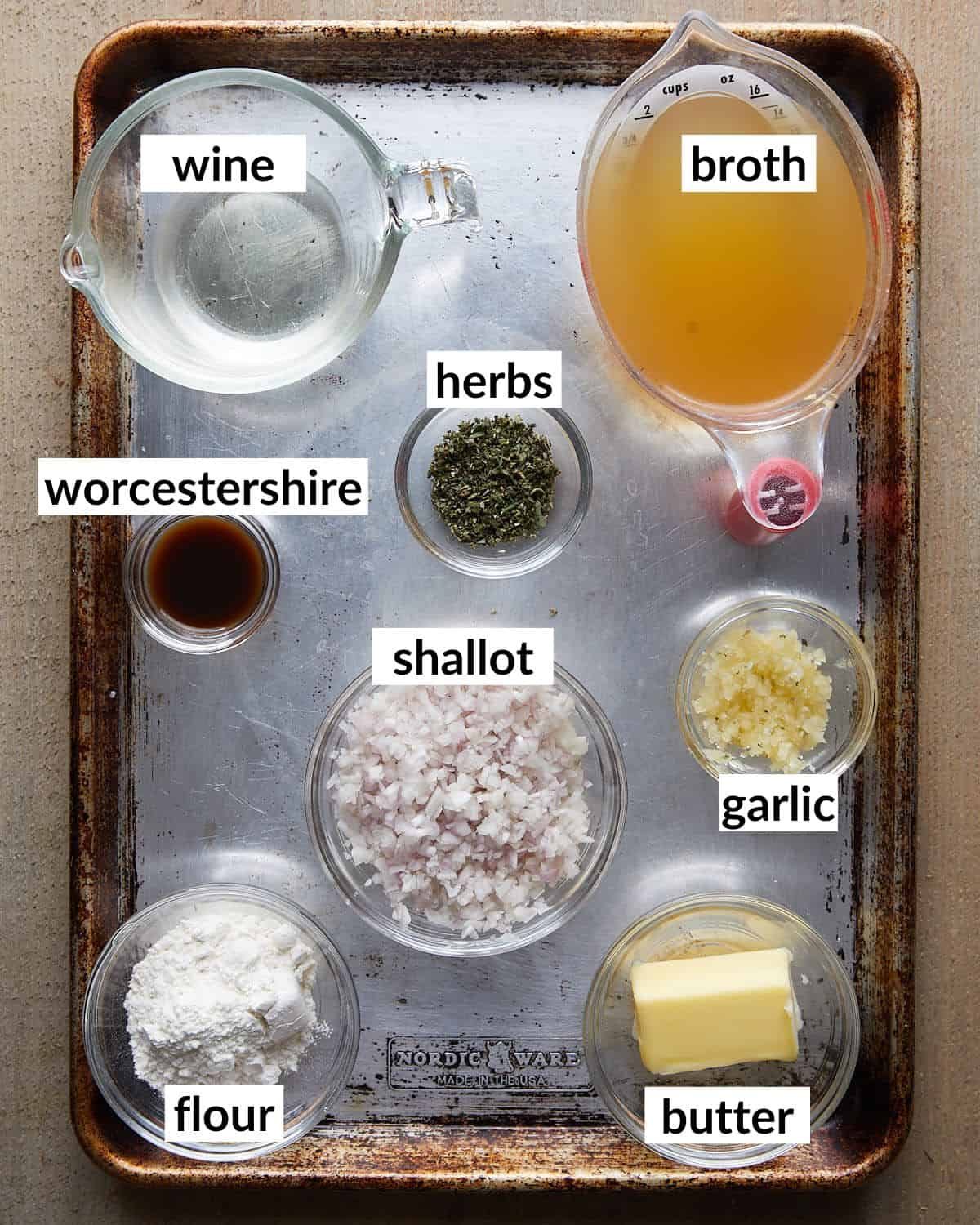 An overhead photo of ingredients needed to make brown gravy.
