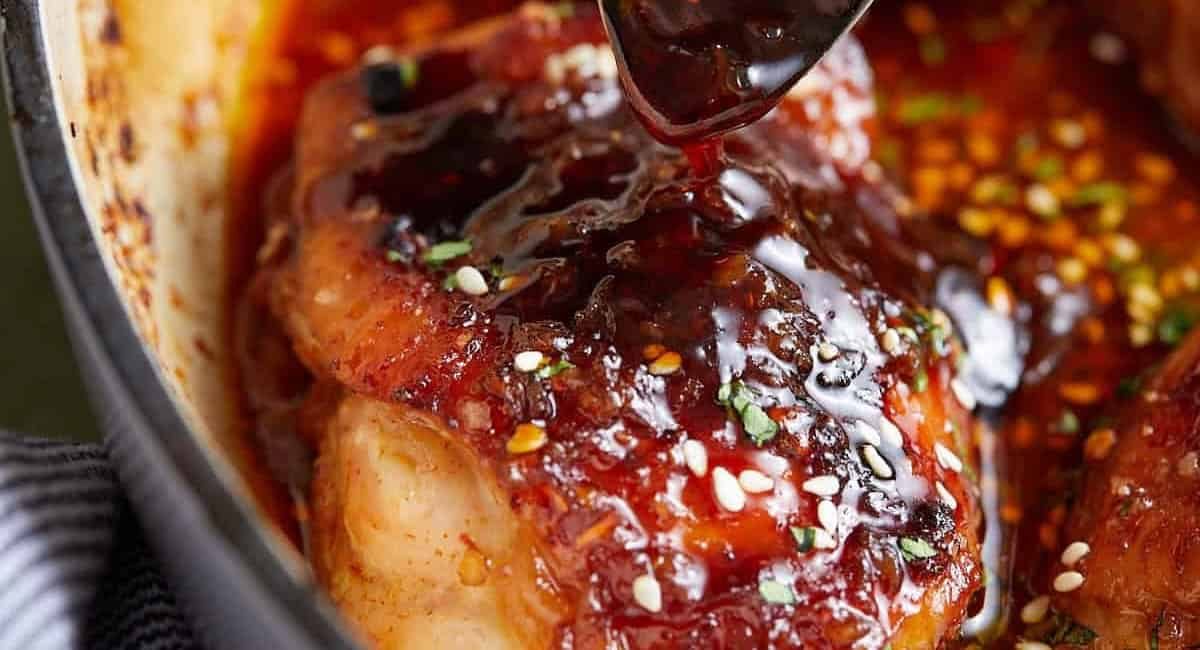 Up close overhead image of brown sugar garlic chicken thighs.
