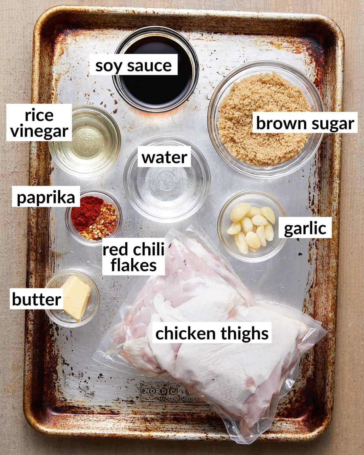 Overhead image of ingredients needed for brown sugar garlic chicken.