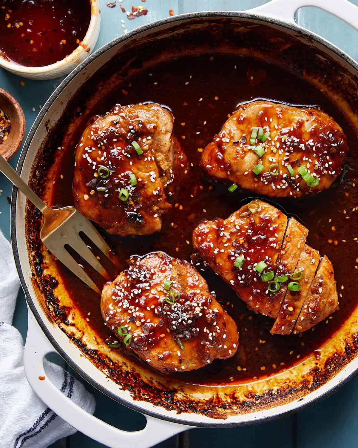 Overhead image of brown sugar garlic porkchops.