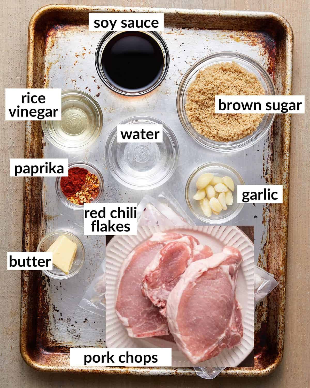 Overhead image of ingredients needed to make brown sugar garlic pork chops.