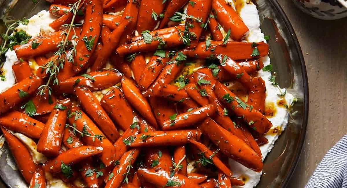 Overhead image of brown sugar honey glazed carrots.