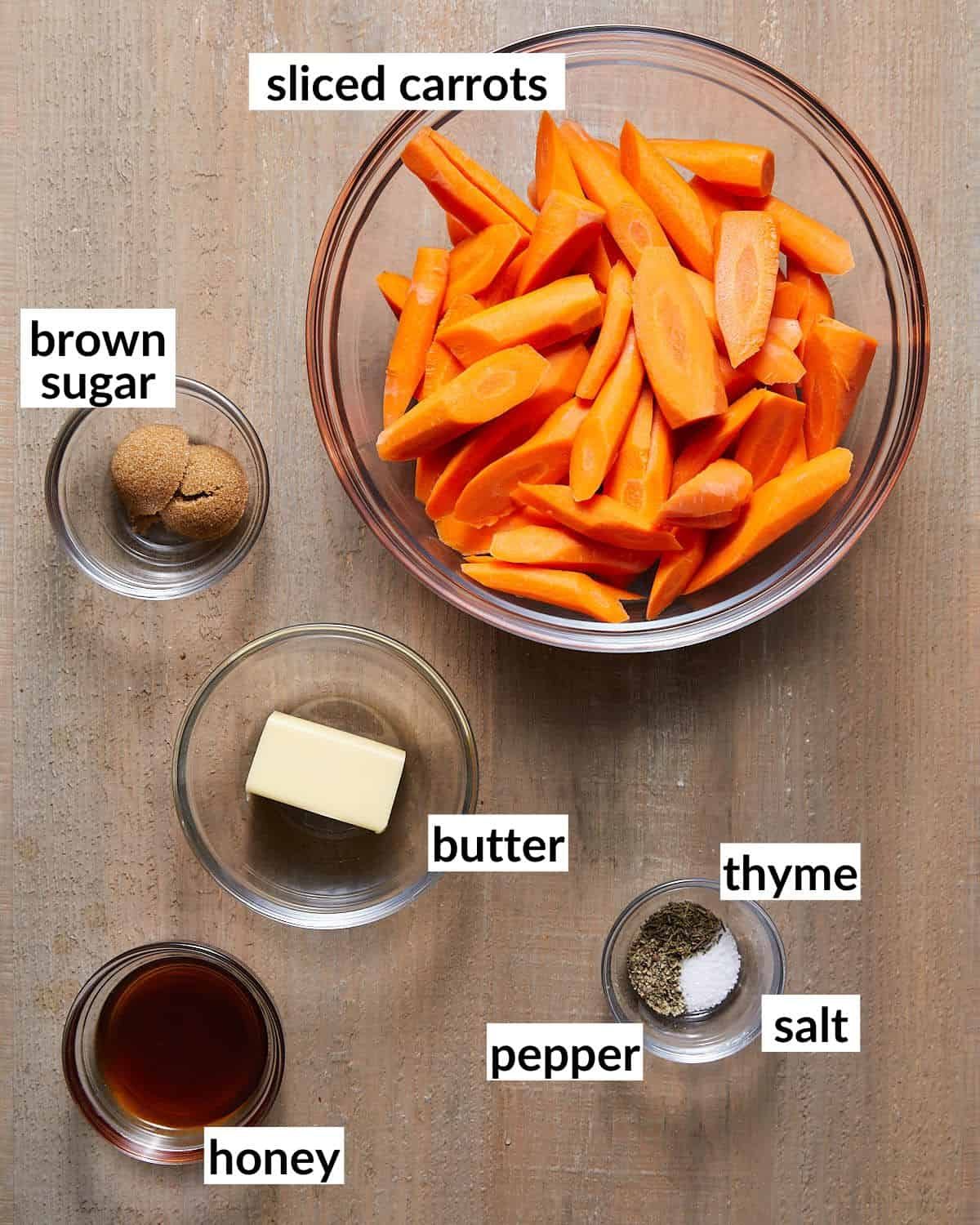 Ingredients needed to make brown sugar honey glazed carrots.