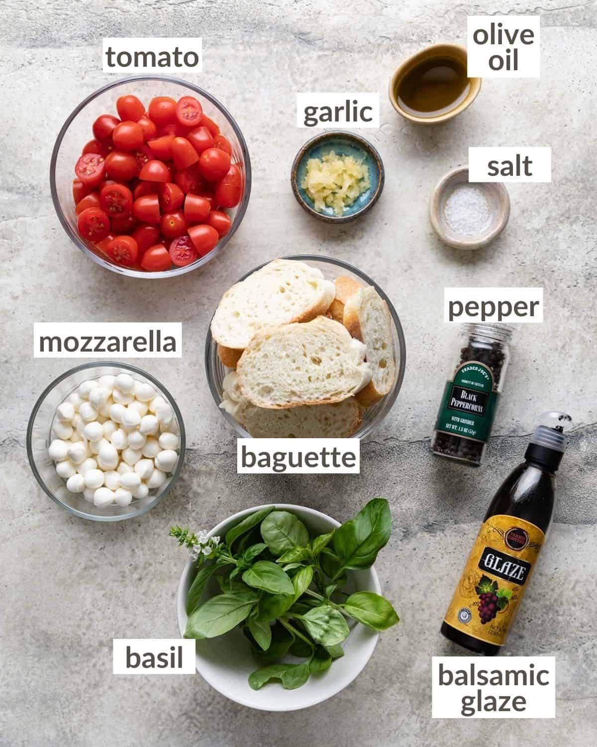 Ingredients needed to make bruschetta with mozzarella.