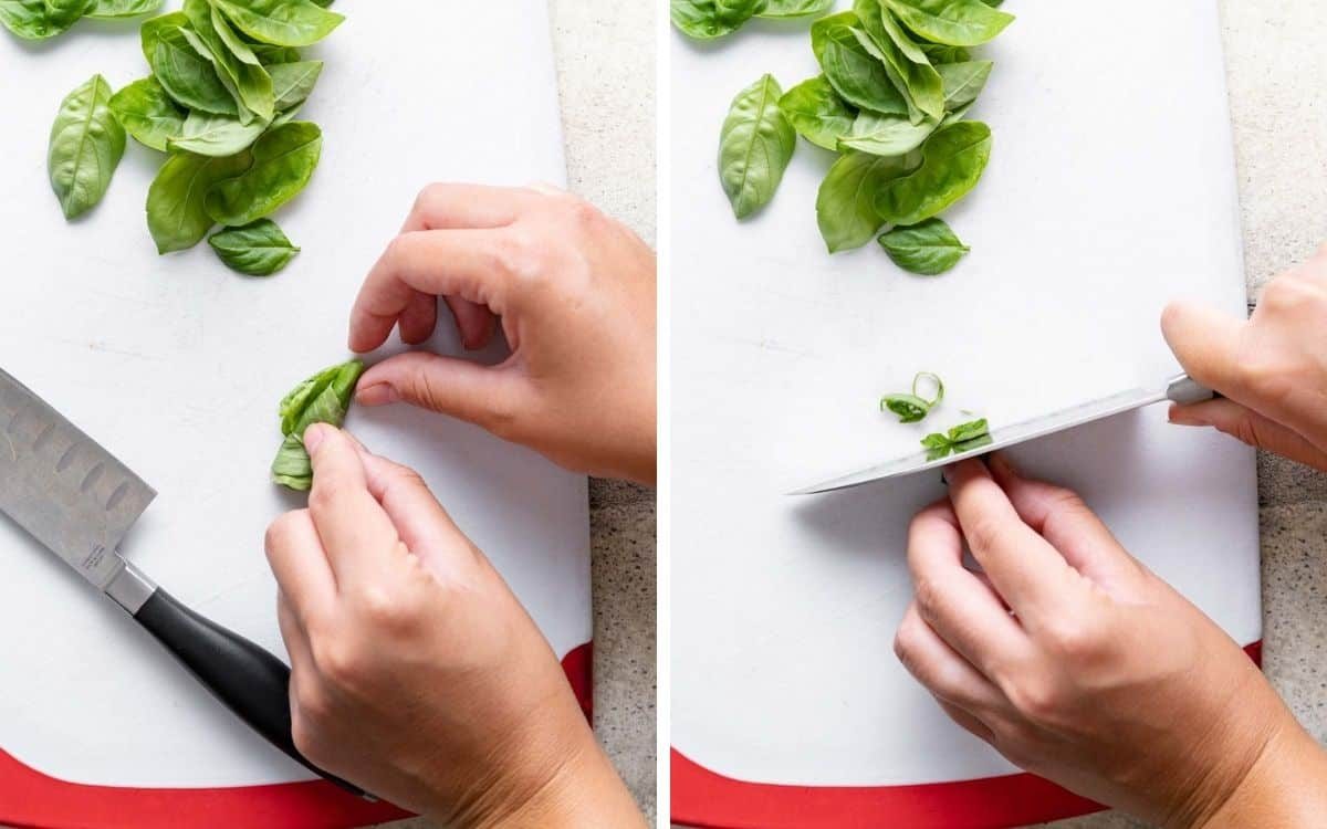 rolling basil & slicing it