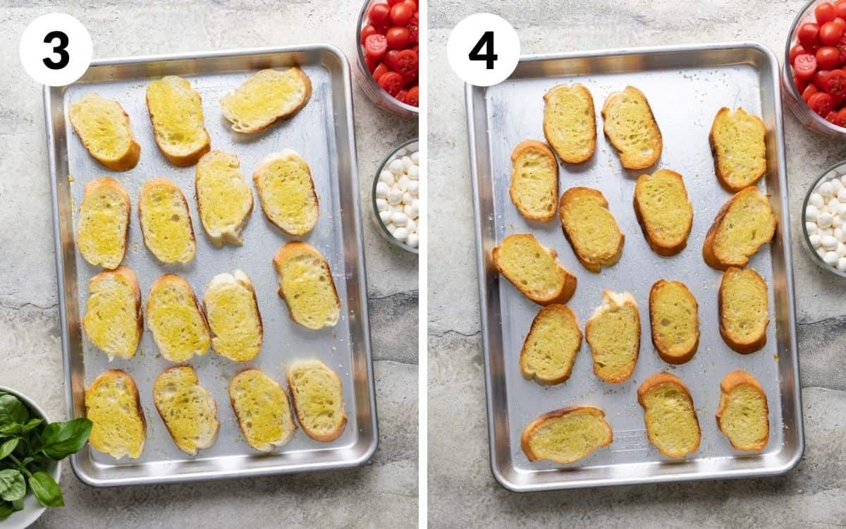steps 3 & 4 bread brushed with olive oil on baking sheet toasted bread on baking sheet