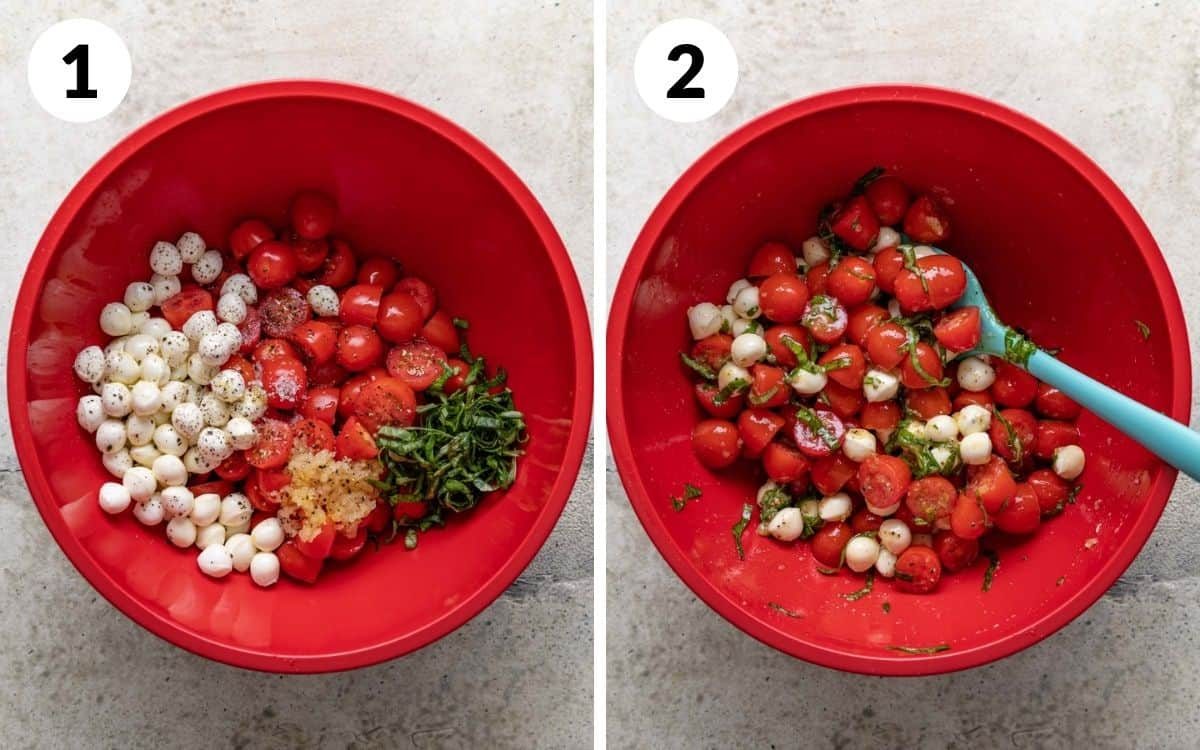 steps 1 & 2 all ingredients in mixing bowl ingredients folded together