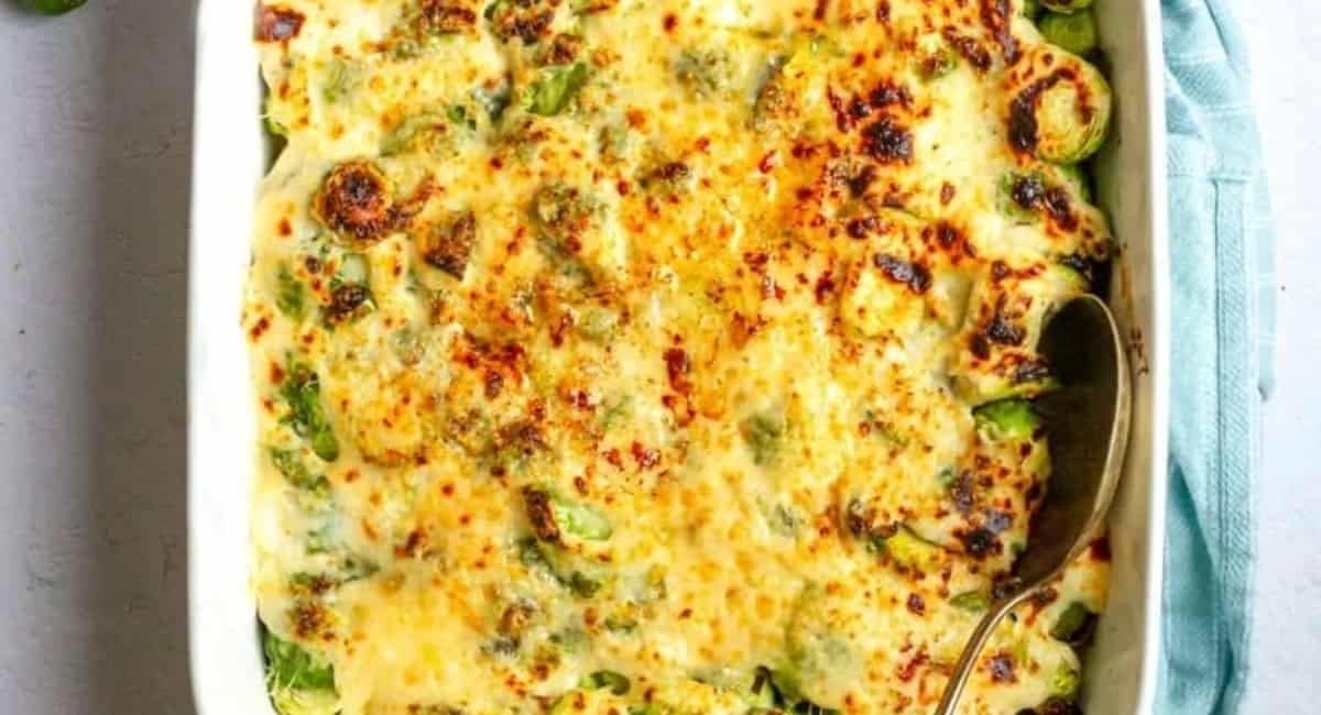 Overhead image of brussels sprouts gratin.