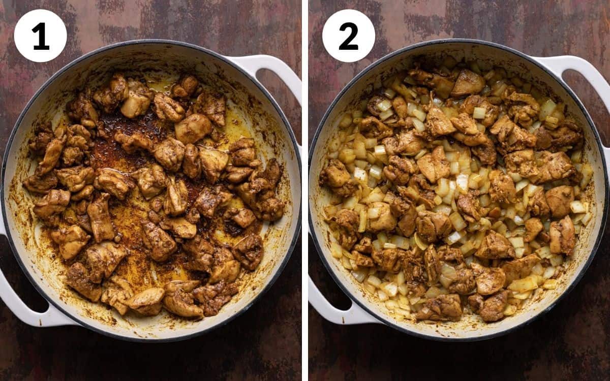 A 2 photo collage showing the beginning steps of butter chicken pasta.