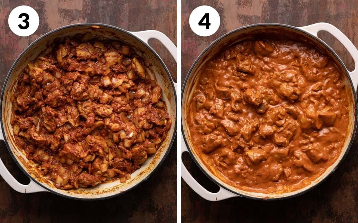 A 2 photo collage showing the beginning steps to make butter chicken pasta.