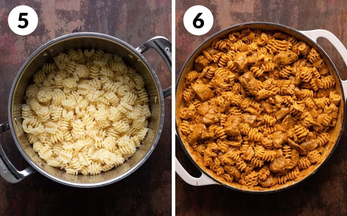 A 2 photo collage showing the final assembly of butter chicken pasta.