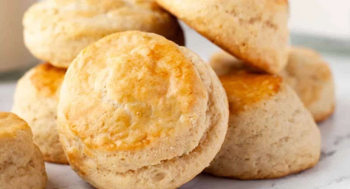 Up close image of homemade buttermilk biscuits.
