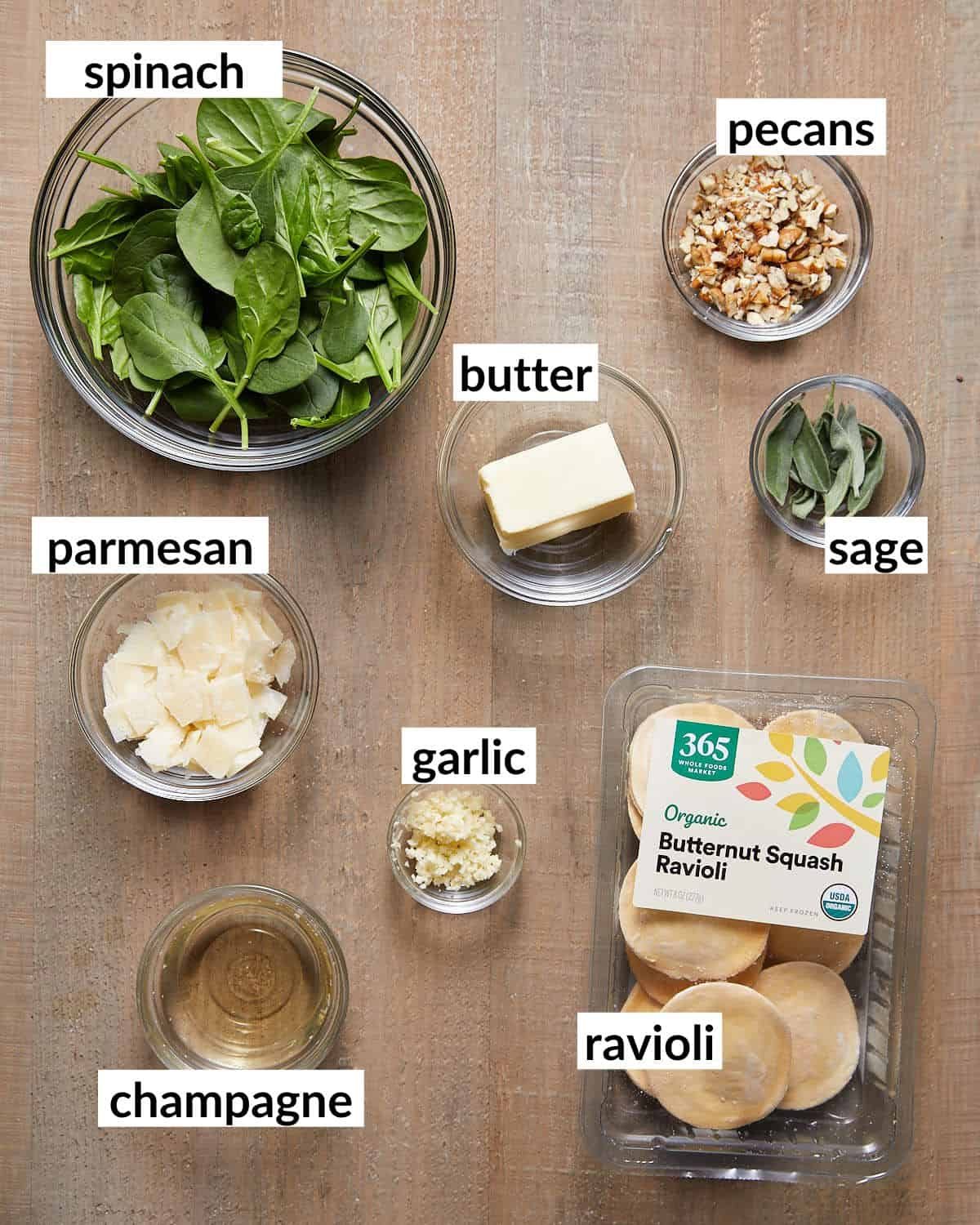 Overhead image of ingredients needed for butternut squash ravioli sauce.