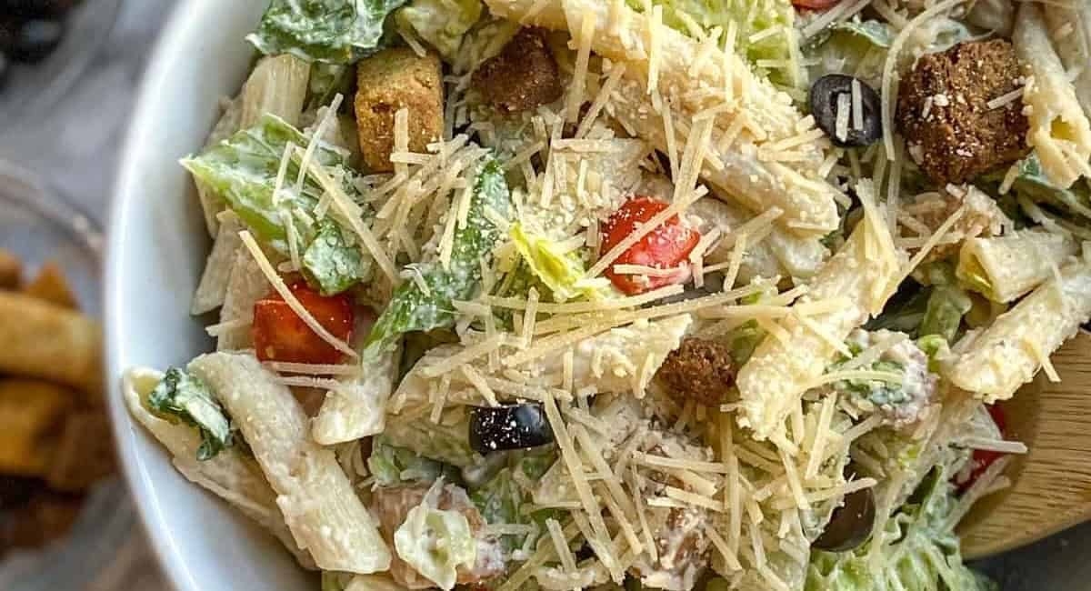 Overhead image of Caesar pasta salad.