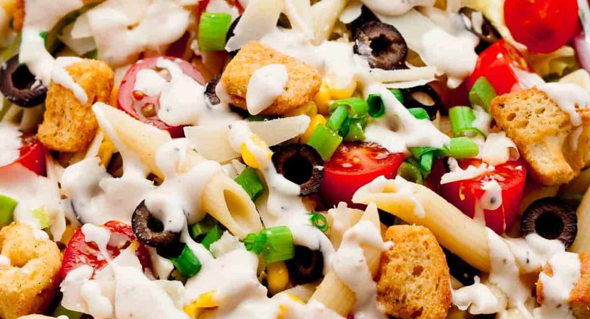 Overhead image of caesar pasta salad.