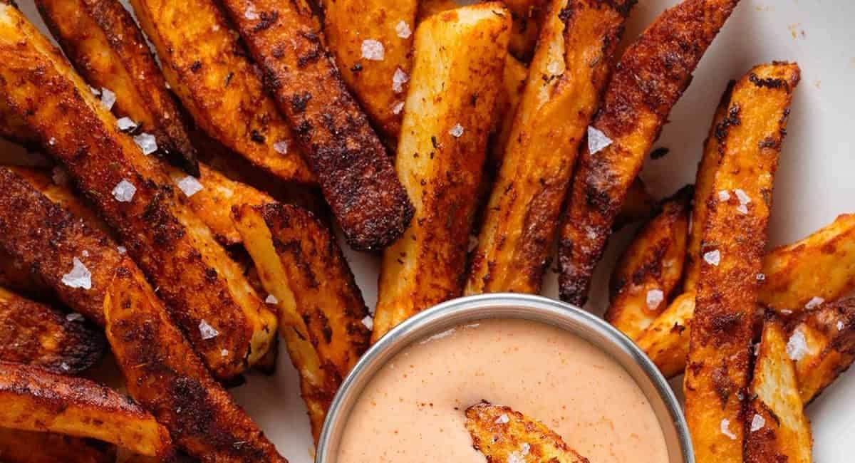Overhead image of cajun fries with house sauce.