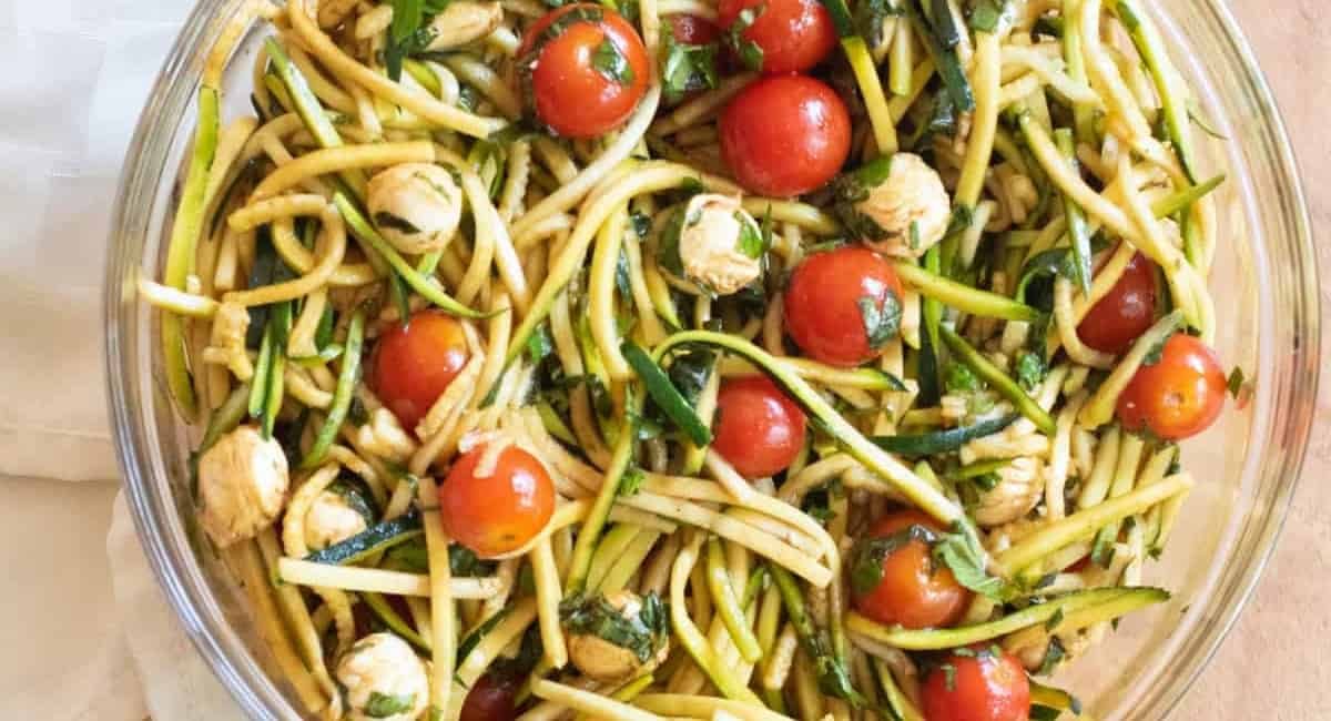 Overhead image of caprese zoodle salad.