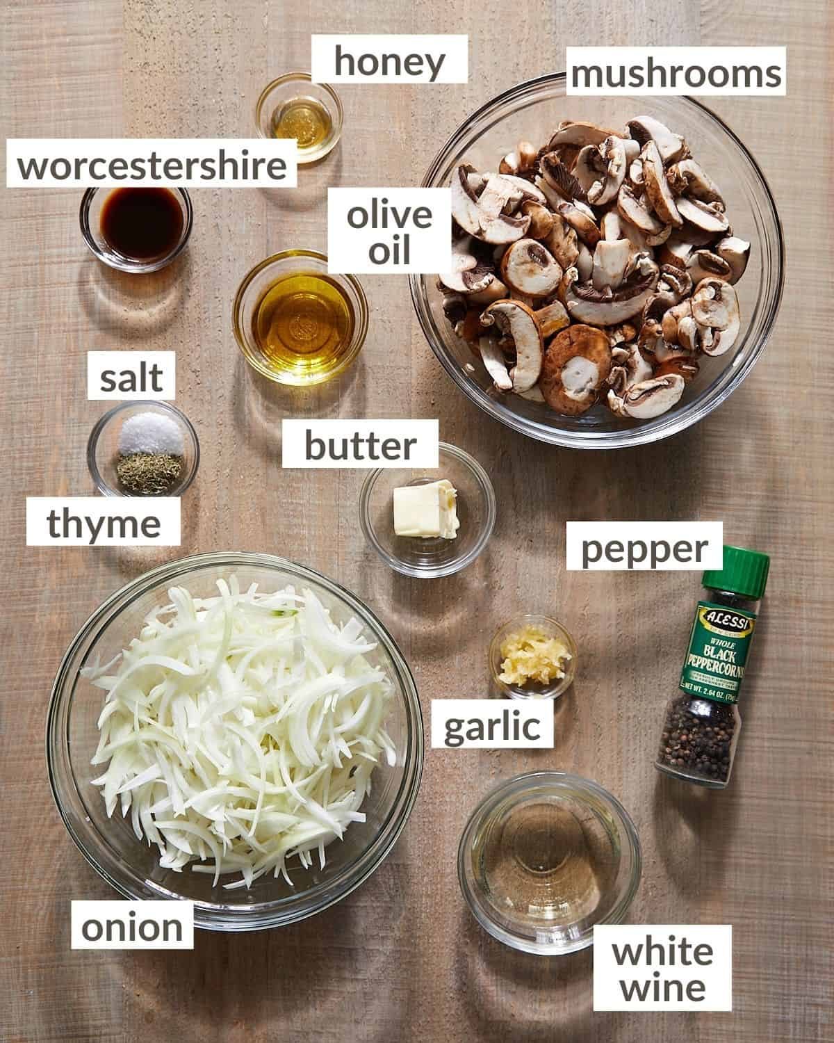 Overhead image of ingredients needed for caramelized onions and mushrooms.