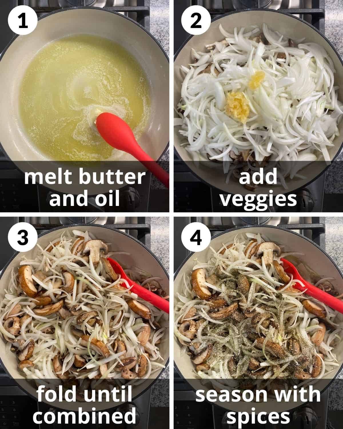 A four image collage showing the beginning steps for caramelized mushrooms and onions.