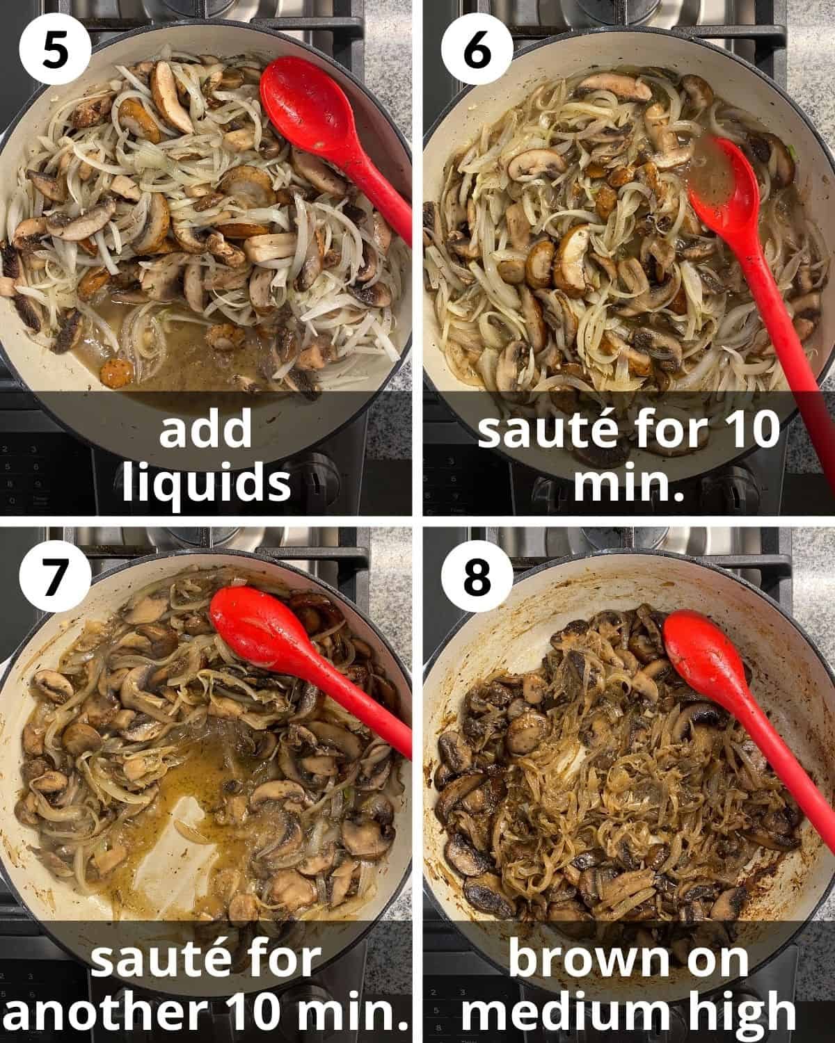 A four image collage showing the final steps for caramelized onions and mushrooms.