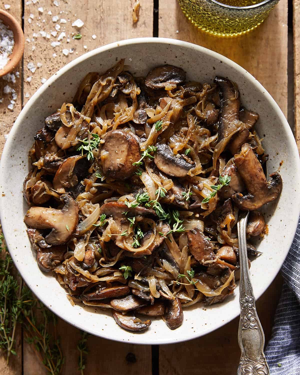 Overhead image of caramelized onions and mushrooms.