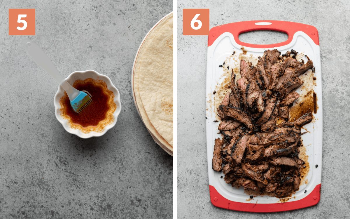 steps 5 & 6 butter mixed in bowl sliced steak on cutting board