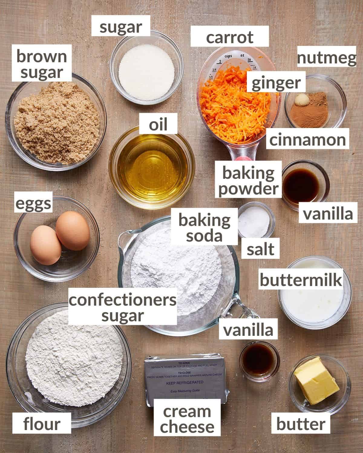 Overhead image of ingredients needed to make carrot snack cake.