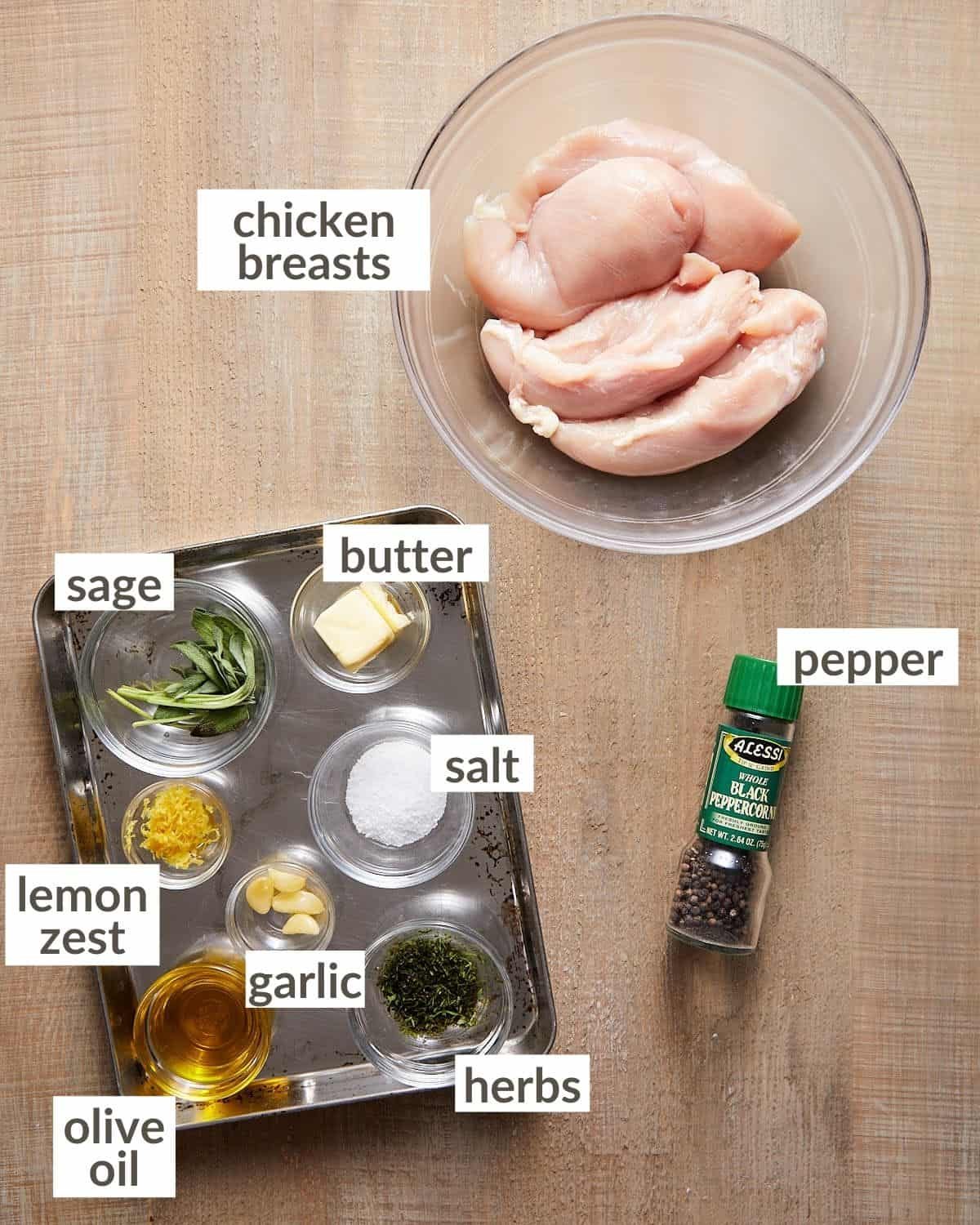Overhead shot to show all of the ingredients needed to make a cast iron skillet chicken breast.