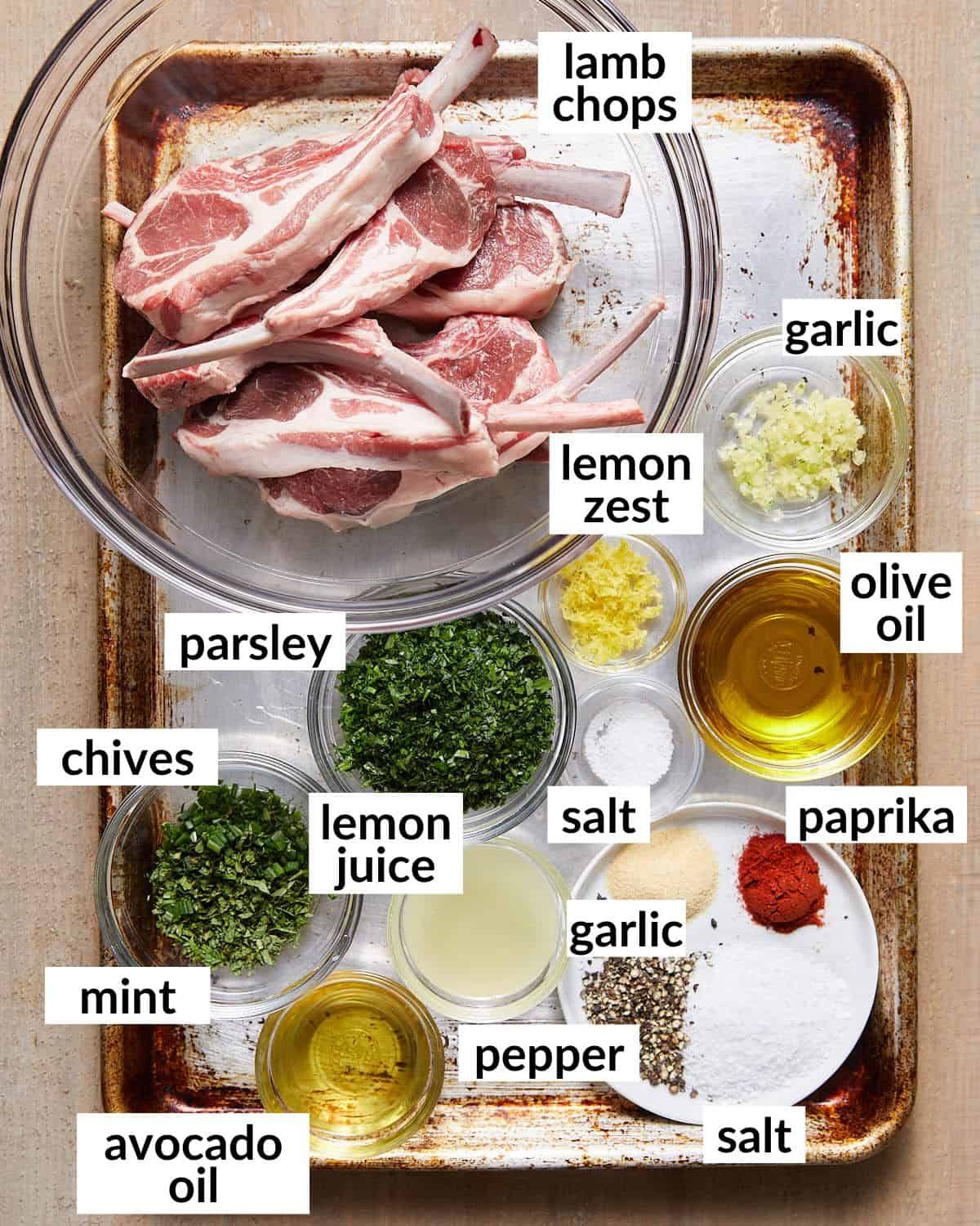 Overhead image of ingredients needed for cast iron skillet lamb chops.