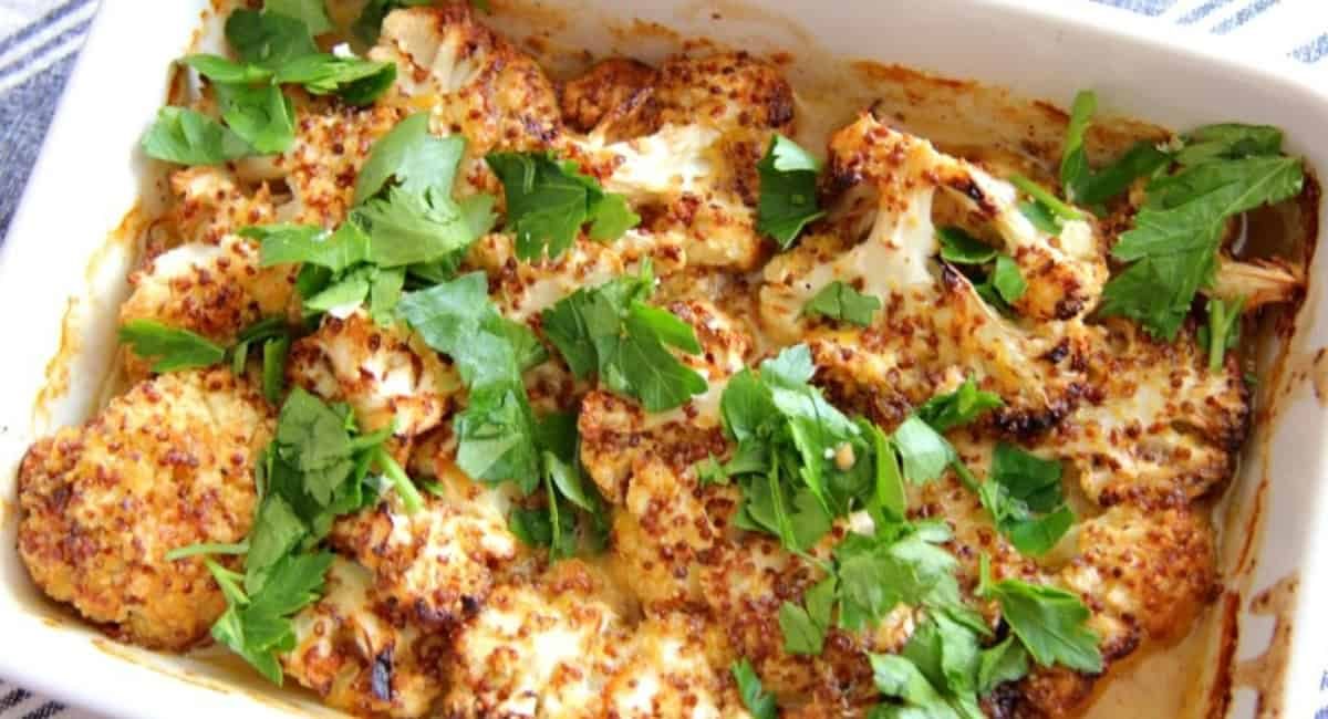Overhead image of dijon mustard roasted cauliflower.