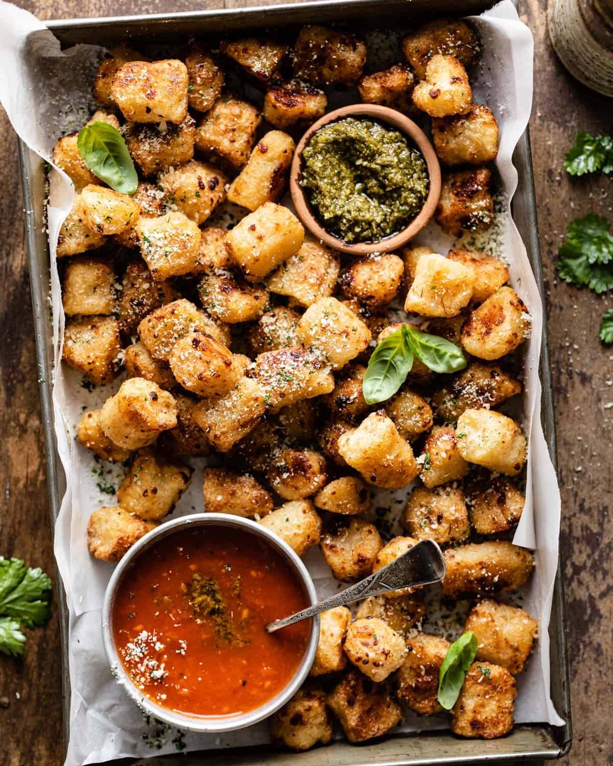 overhead of air fryer cauliflower gnocchi with sauce