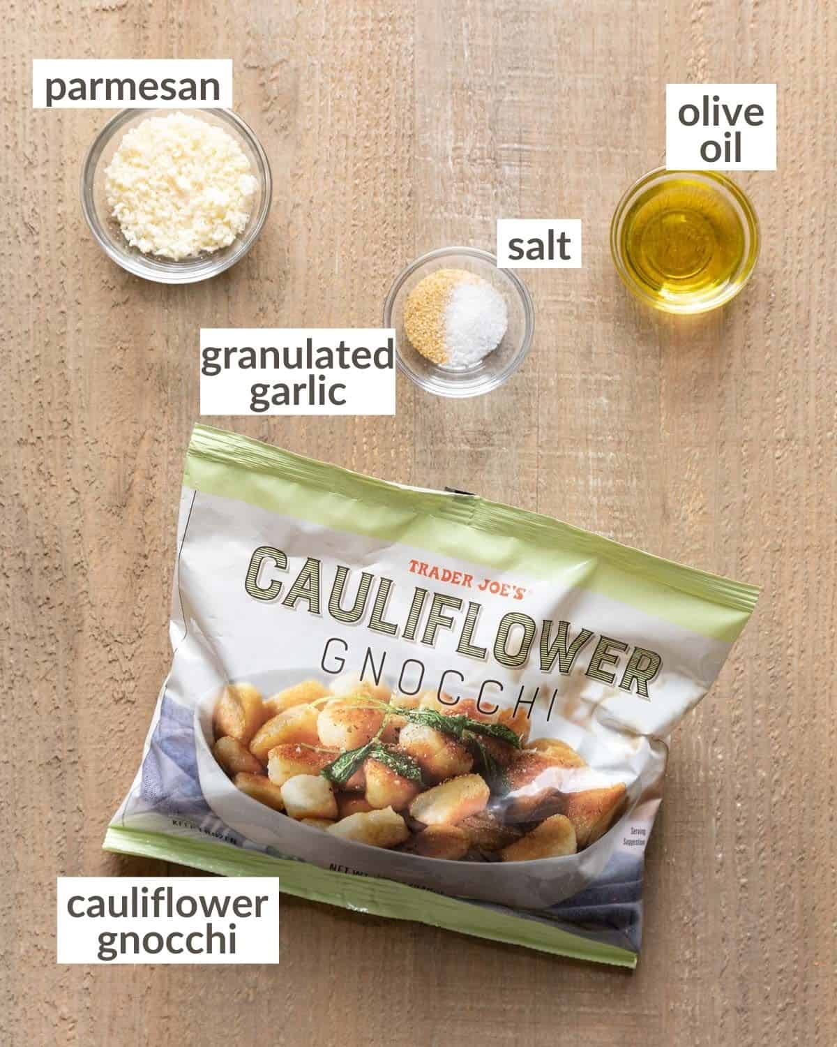 overhead of ingredients for trader joe's cauliflower gnocchi air fryer