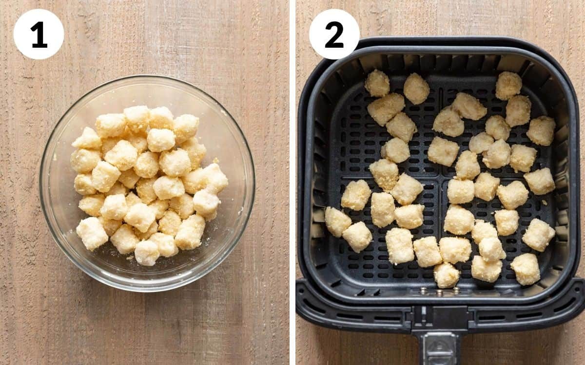 steps 1 & 2 frozen gnocchi tossed in a bowl with olive oil and parmesan trader joes frozen cauliflower in air fryer basket