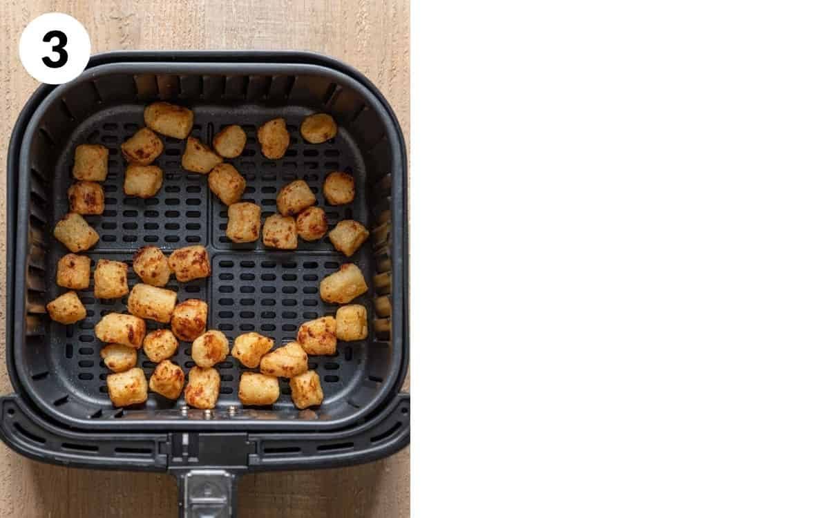 step 3 finished gnocchi in air fryer basket