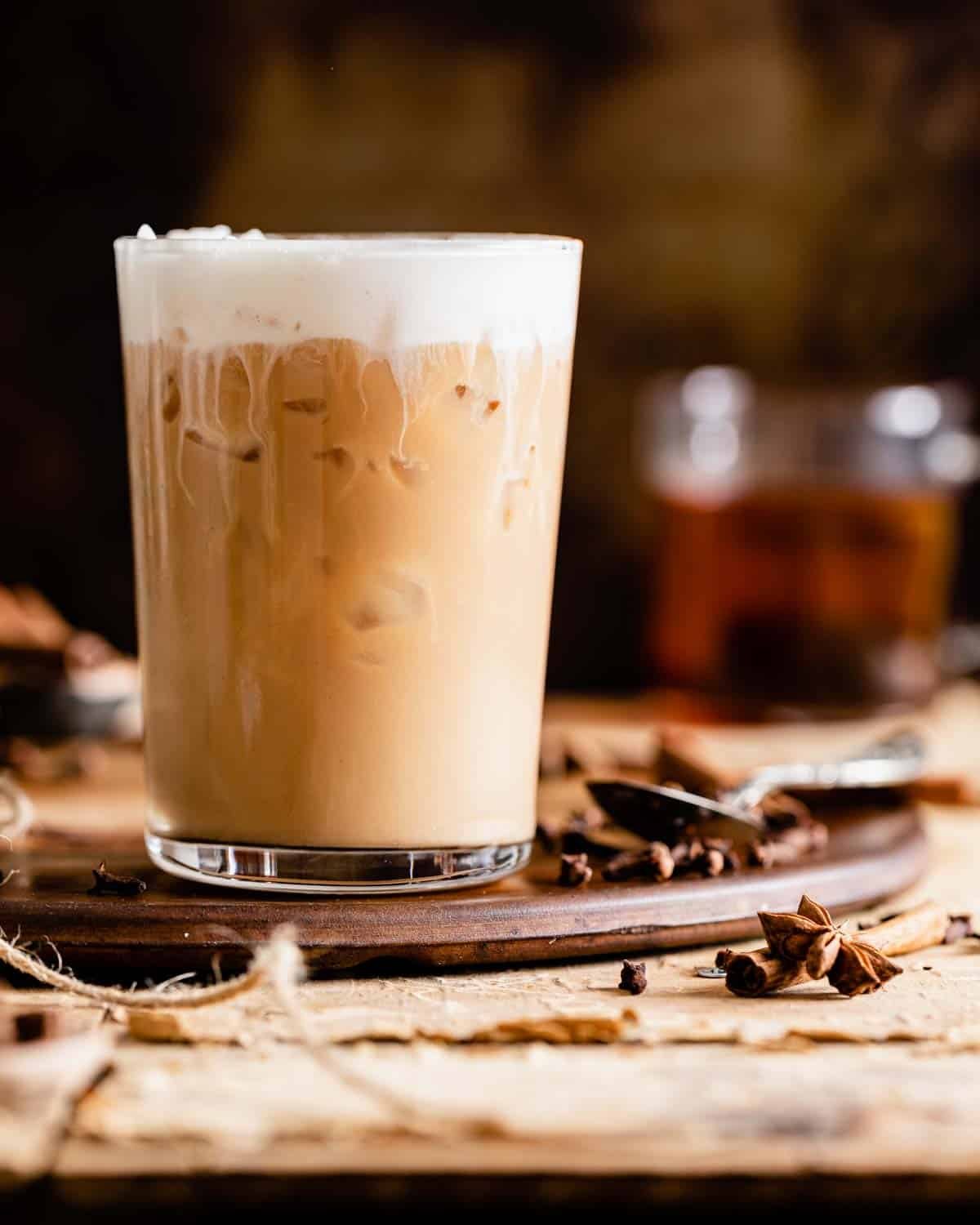 side view of iced chai tea latte