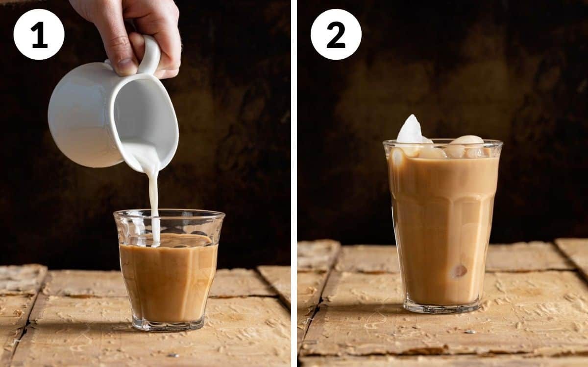 steps 1 & 2 milking being poured into concentrate chai poured over ice