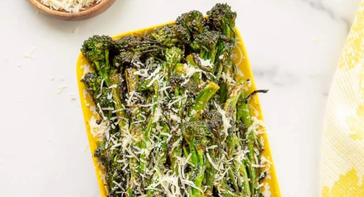 Overhead image of charred spicy broccolini.