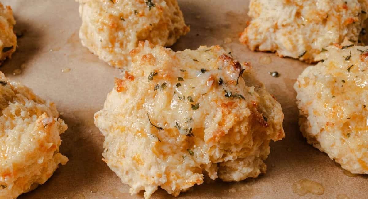 Up close image of homemade cheddar bay biscuits.