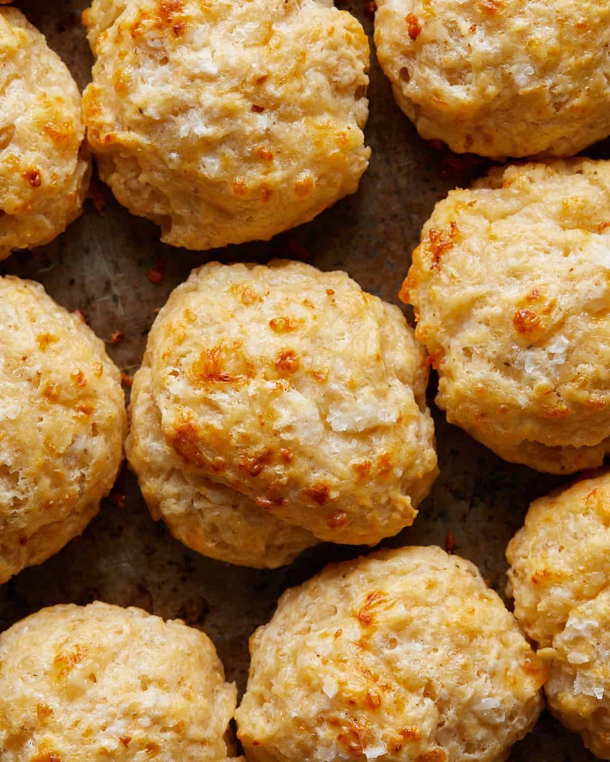 Up close overhead image of cheddar drop biscuits.